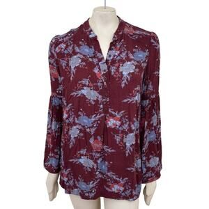 FREE PEOPLE Easy Girl Bell Sleeve OVERSIZED Floral Henley Tunic in Maroon SZ M